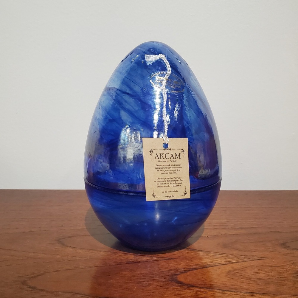 Akcam Turkish Art Glass Egg Candy Dish - Cobalt Blue Marbled Swirl Lidded Box